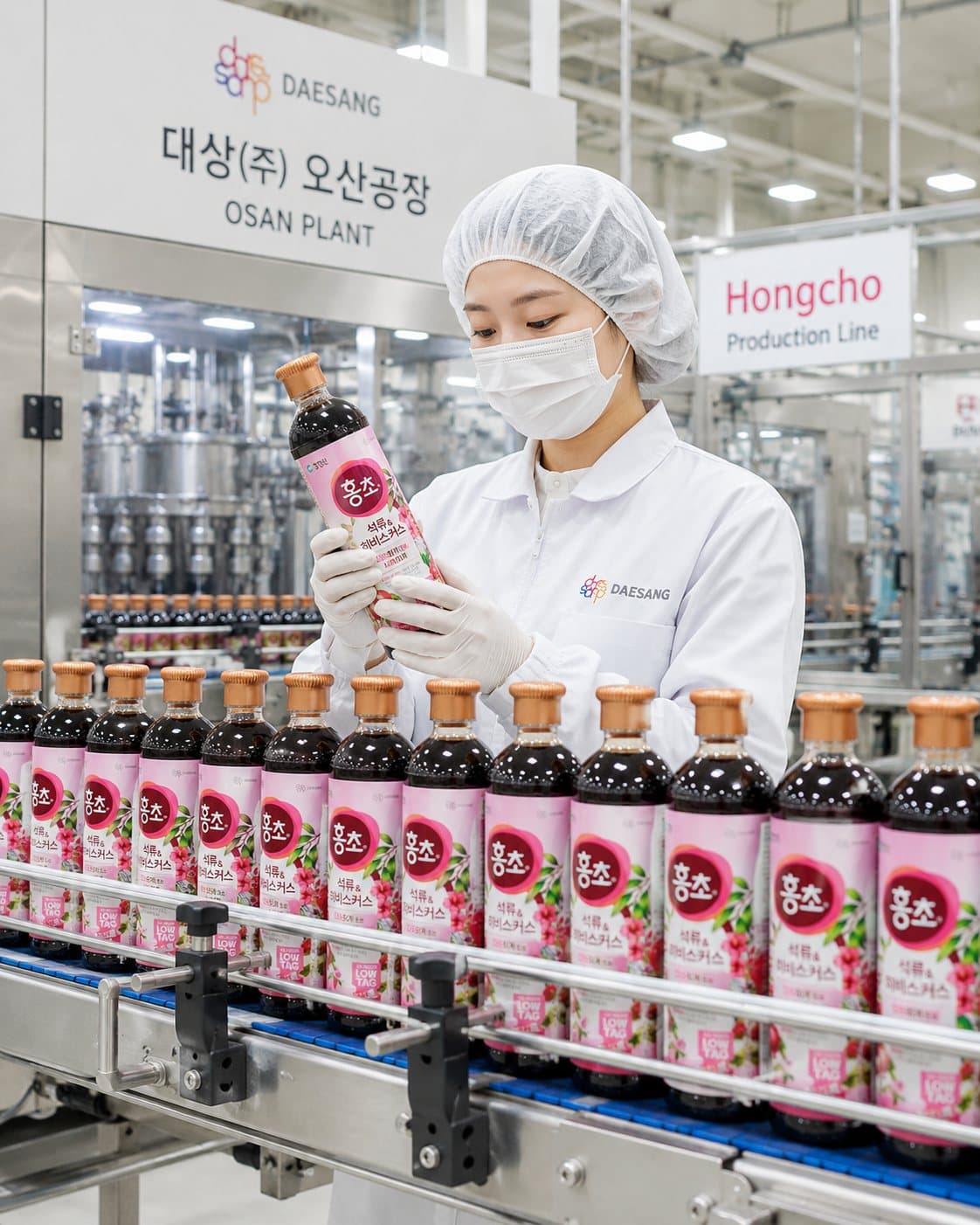 Bên trong nhà máy Osan của Daesang tại Hàn Quốc, biển hiệu Osan Plant và khu vực dây chuyền Hongcho