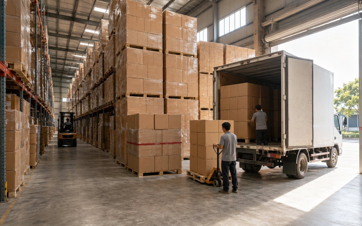 Xe tải ăn hàng tại kho, các pallet thùng hàng xếp sẵn chờ xuất đi