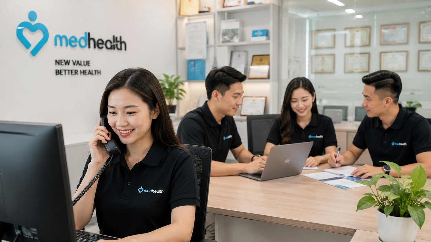 Không gian làm việc của Med Health, tường treo bảng hiệu thương hiệu và bằng ghi nhận